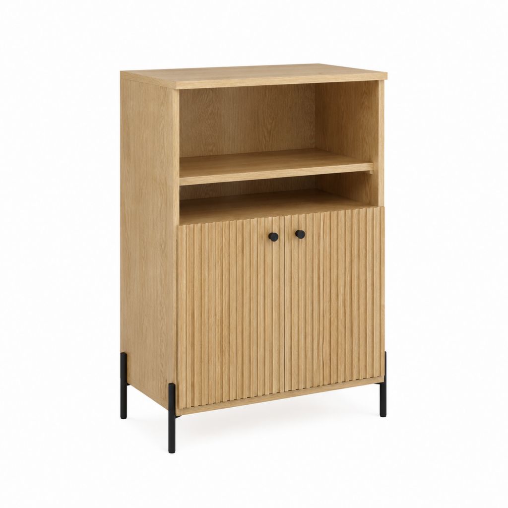 Credenza alta con ante scanalate rovere naturale e acciaio nero 80 x 40 x 120 cm