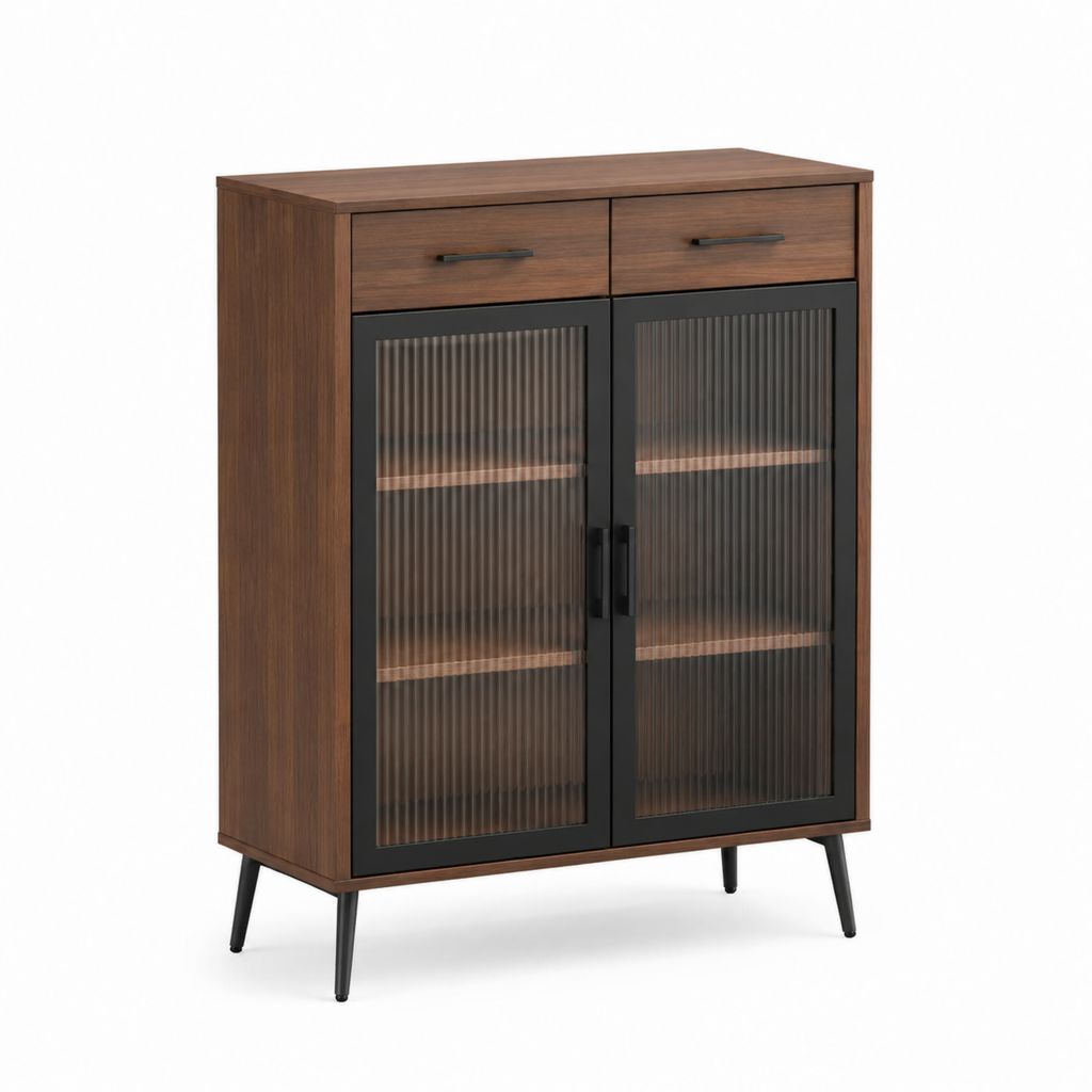 Credenza da sala da pranzo noce e nero in pannello truciolare con vetro temperato rigato 80 x 40 x 100 cm