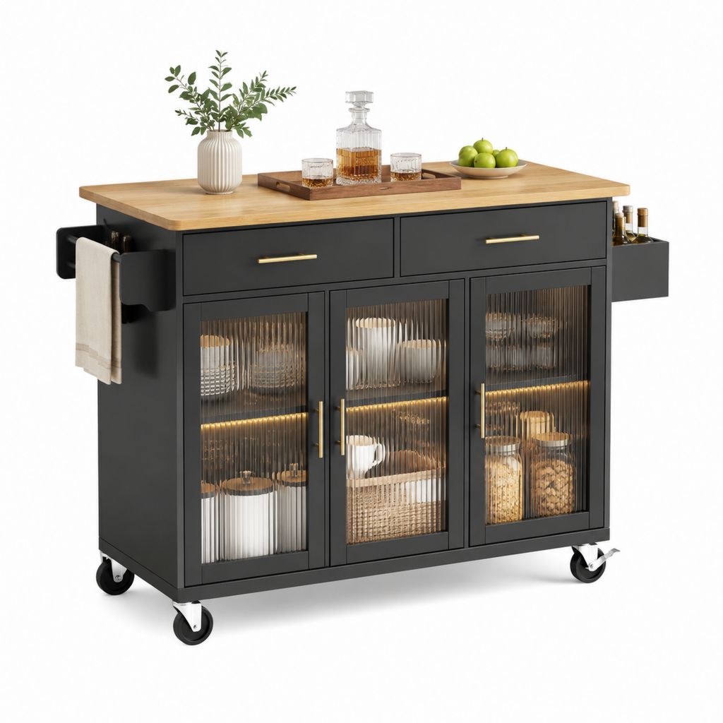 Isola da cucina mobile nera con piano in legno 120 x 60 x 92 cm