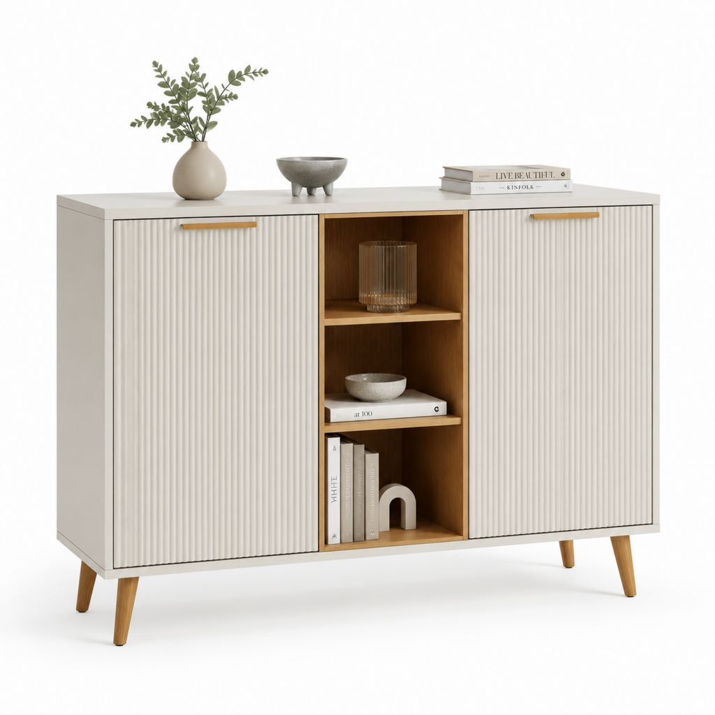 Credenza da sala da pranzo bianca e rovere con 2 ante scanalate 120 x 40 x 90 cm