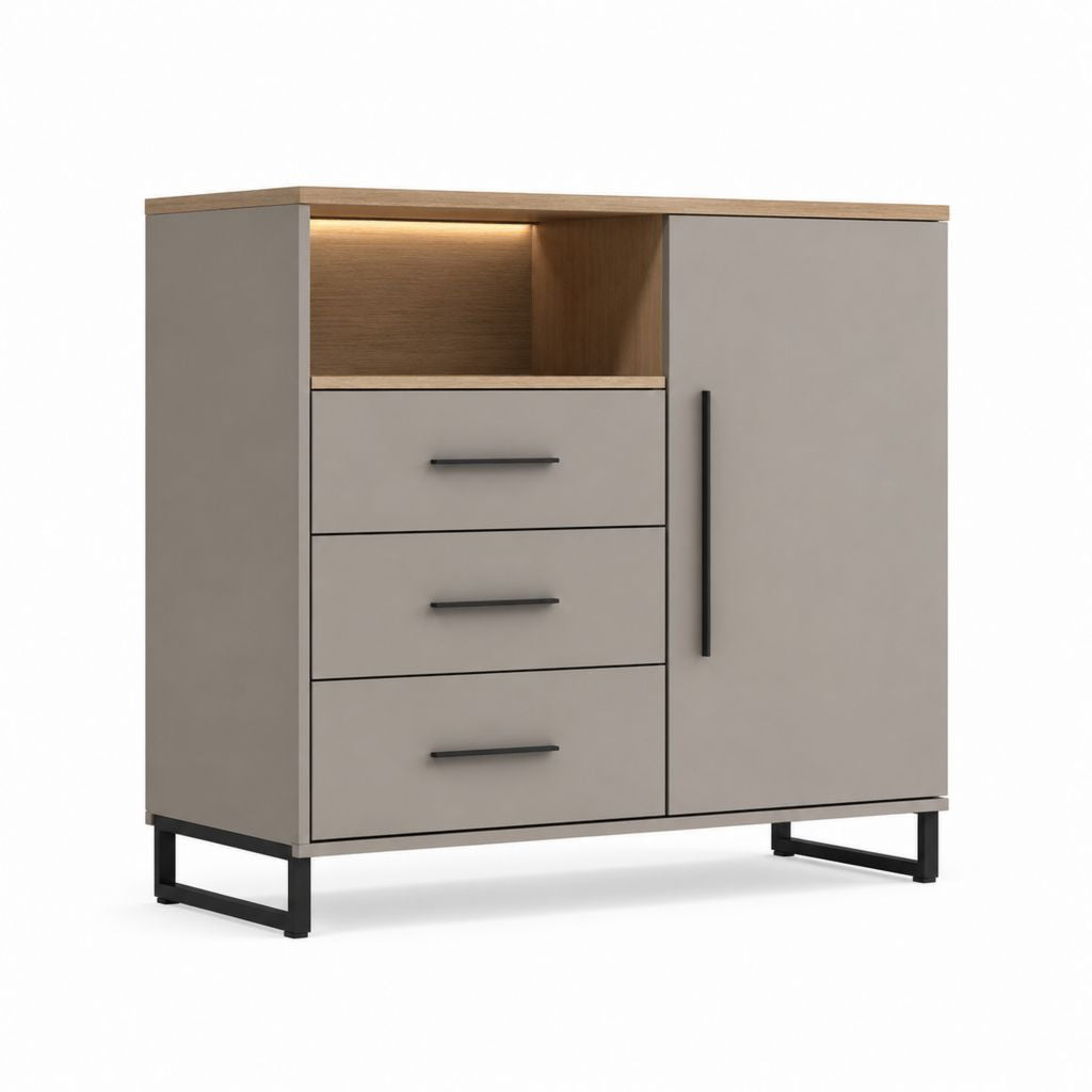 Credenza da sala da pranzo tortora e rovere in pannelli MDF rettangolare 100 x 40 x 100 cm con 3 cassetti anta e vano LED