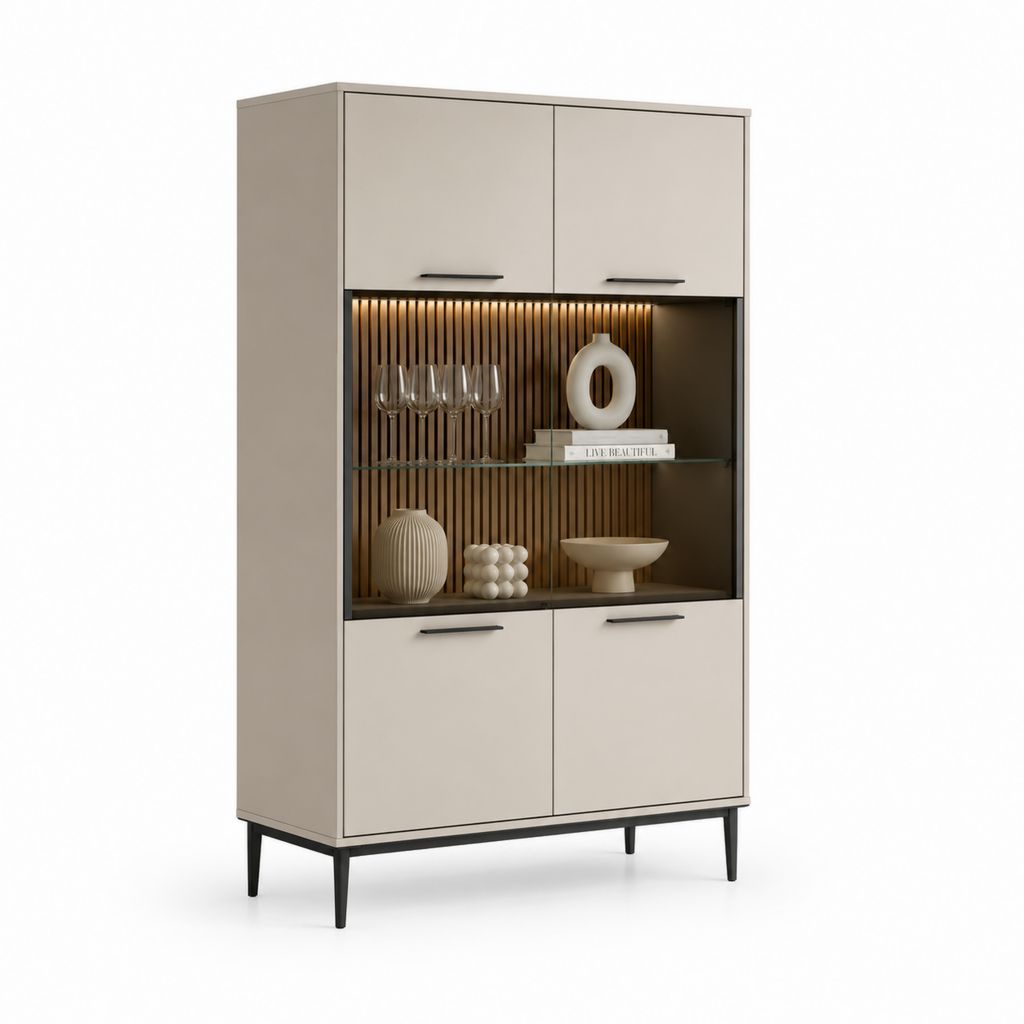 Credenza alta 4 ante beige in MDF e vetro temperato con illuminazione LED 100 x 40 x 180 cm