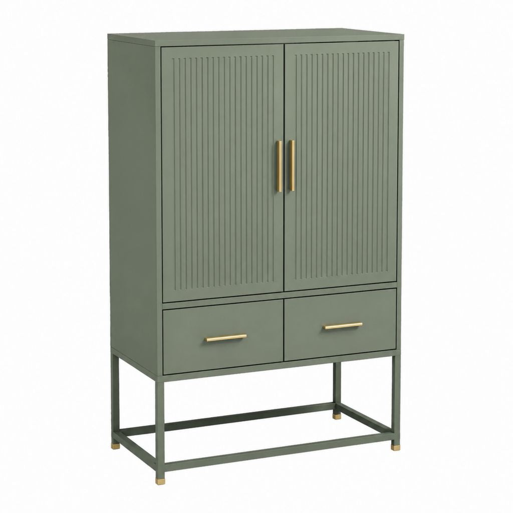 Credenza alta 2 ante e 2 cassetti verde salvia in MDF e acciaio 80 x 40 x 140 cm