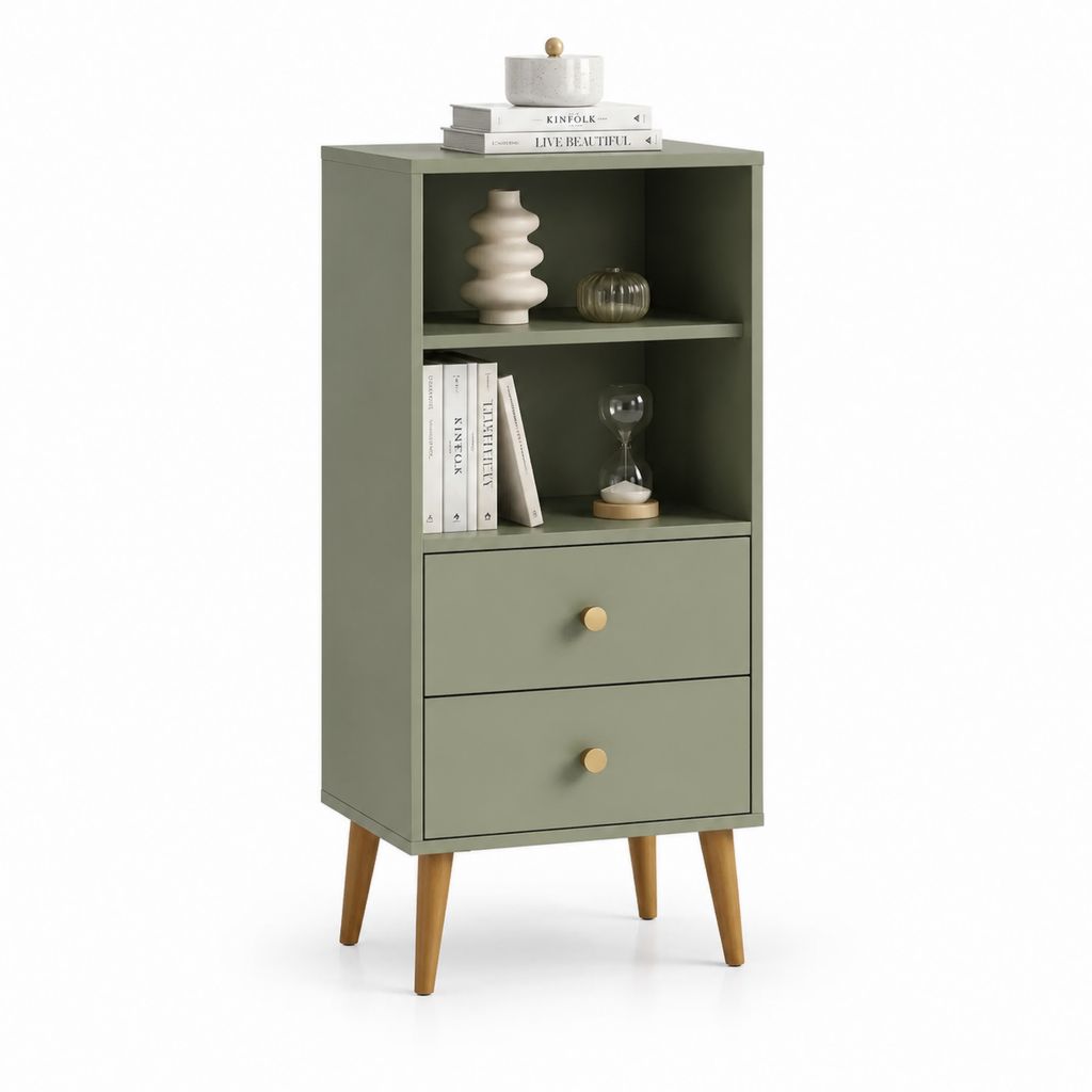 Credenza alta con 2 cassetti e 2 vani a giorno verde salvia in MDF rettangolare 60 x 35 x 130 cm