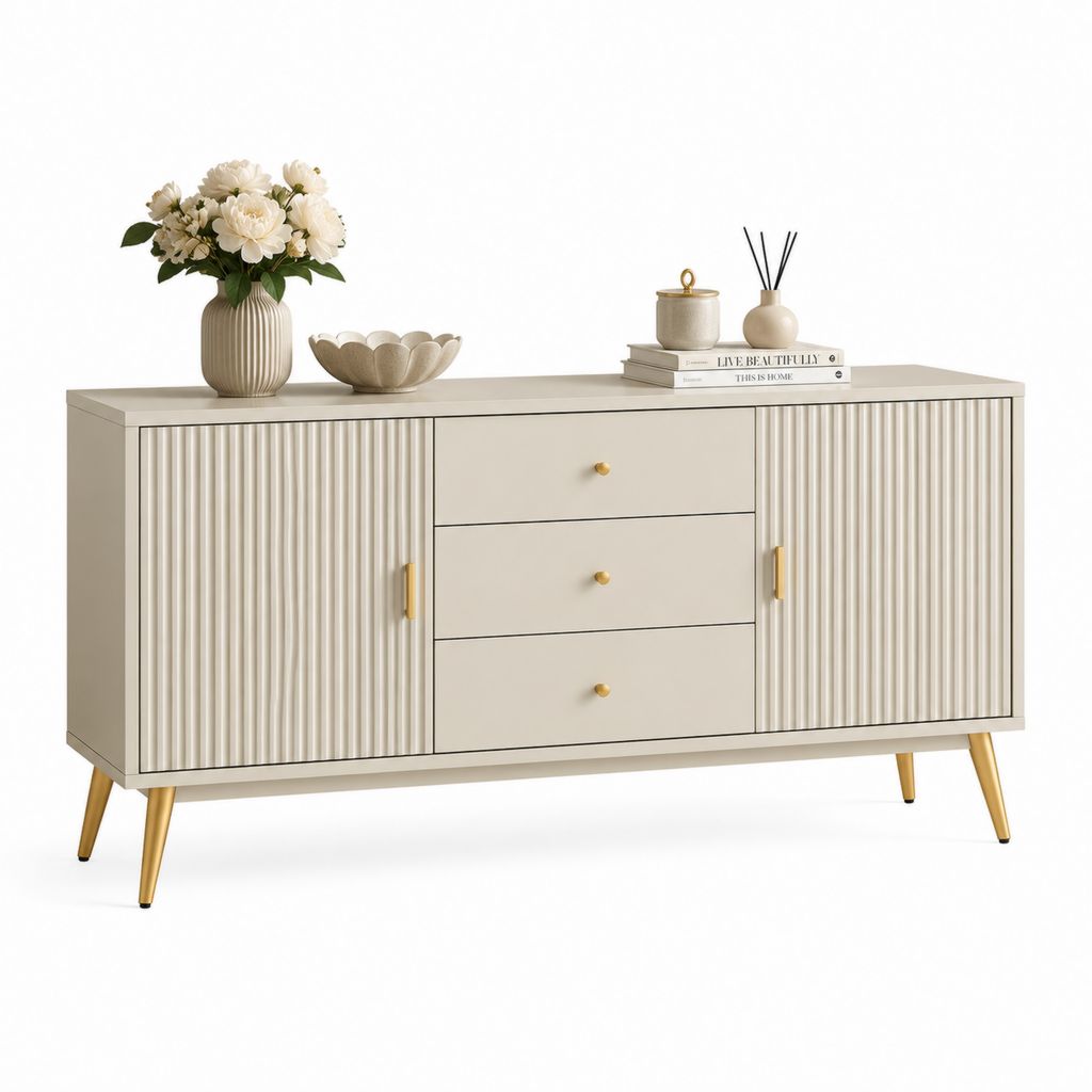 Credenza da sala da pranzo beige in MDF rettangolare con 2 ante 3 cassetti e gambe dorate 160 x 40 x 85 cm