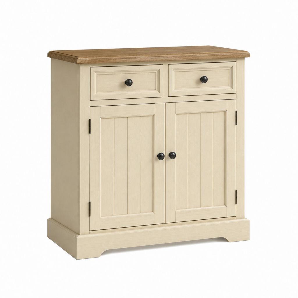 Credenza da sala da pranzo con 2 cassetti e 2 ante crema e rovere in legno massello rettangolare 80 x 90 x 40 cm