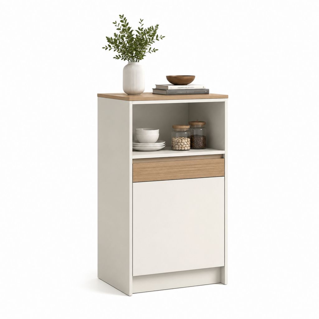 Credenza da cucina bianca e rovere con anta cassetto e vano a giorno 60 x 40 x 100 cm
