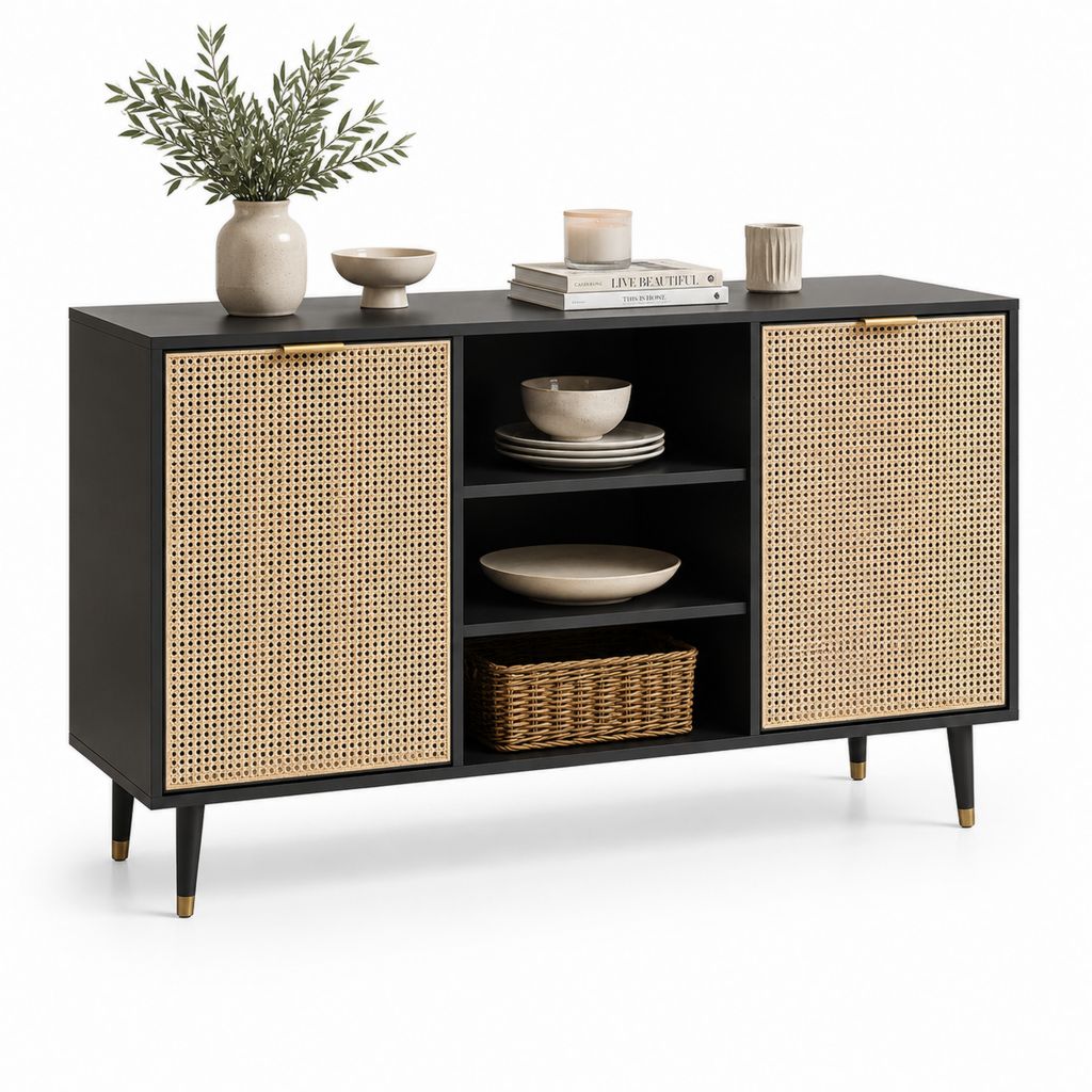 Credenza da sala da pranzo nera in MDF con ante in rattan rettangolare 120 x 40 x 80 cm