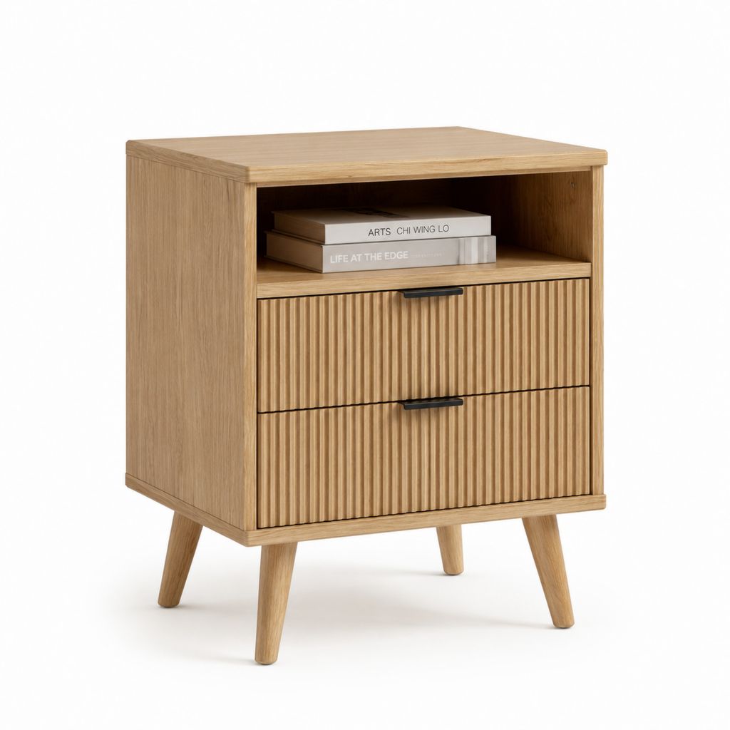 Comodino con 2 cassetti e vano aperto rovere chiaro in MDF impiallacciato 50 x 40 x 60 cm