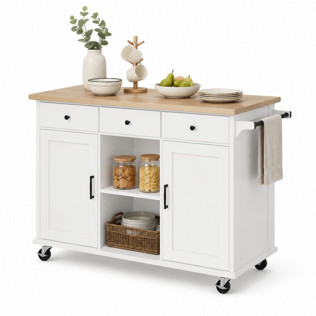 Isola da cucina mobile bianca in MDF con piano in legno massello 120 x 60 x 90 cm