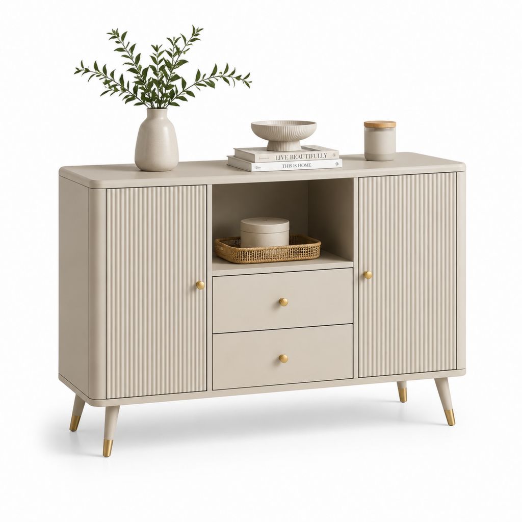 Credenza 2 ante 2 cassetti beige in MDF scanalato rettangolare 140 x 40 x 85 cm