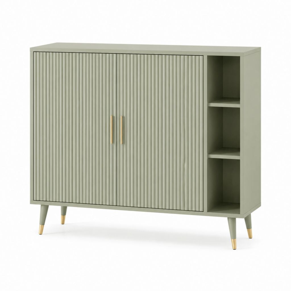 Credenza da sala da pranzo verde salvia in MDF rettangolare con ante scanalate 120 x 40 x 100 cm