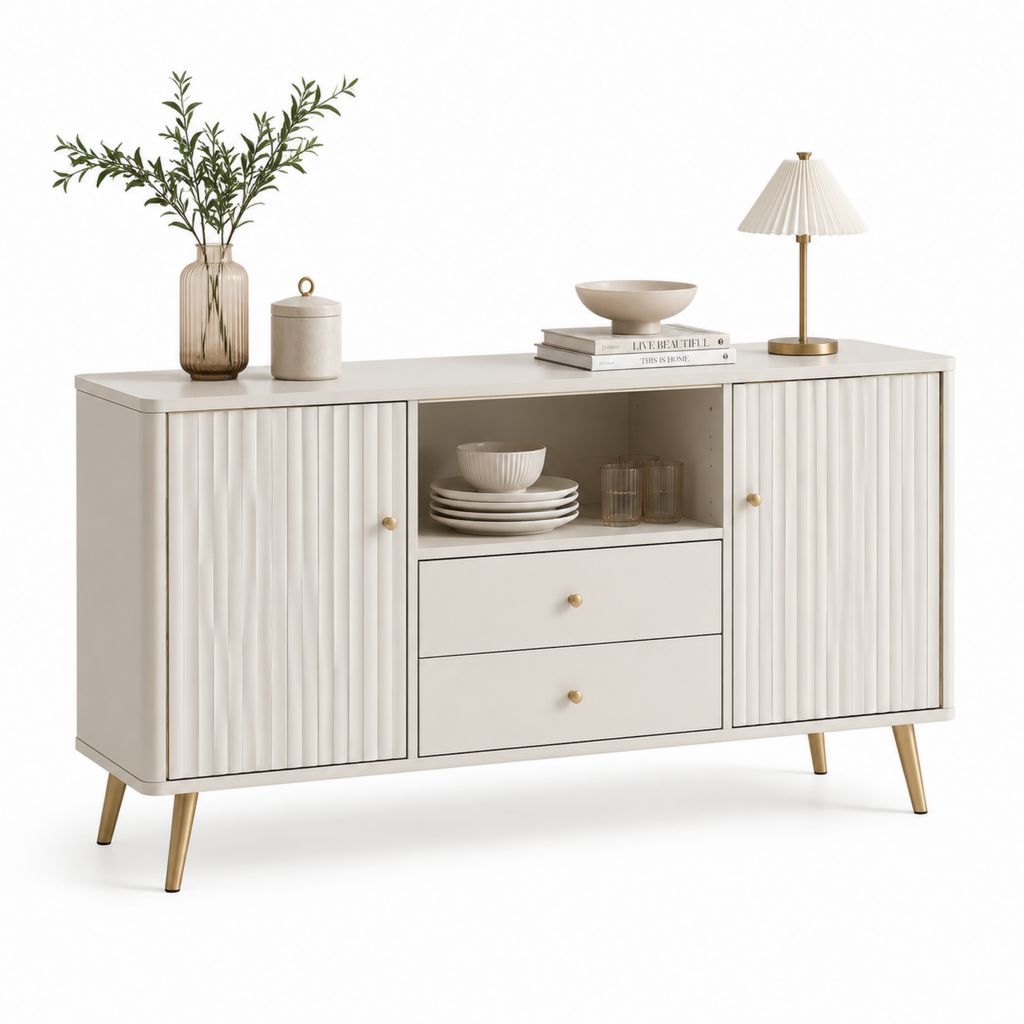 Credenza rettangolare crema in MDF laccato con dettagli color ottone 160 x 40 x 80 cm
