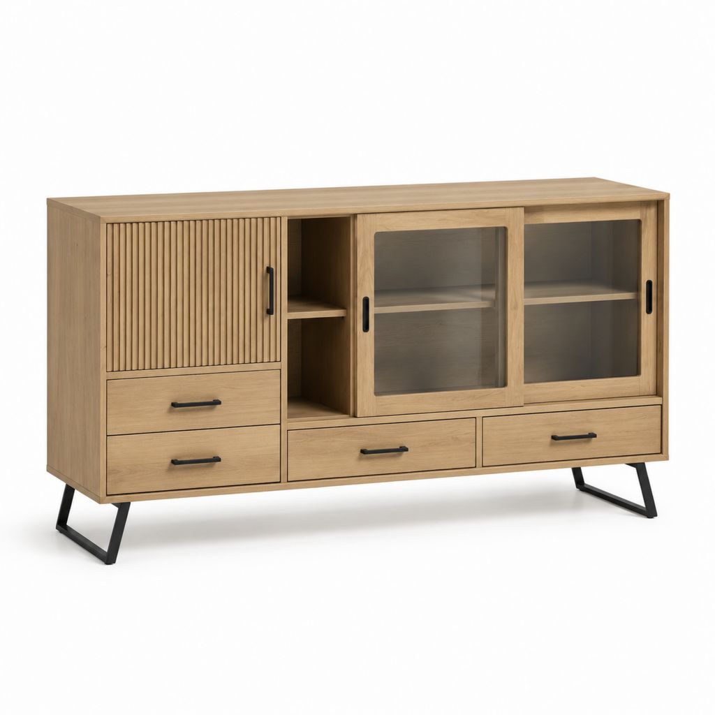 Credenza soggiorno 160 x 40 x 85 cm rovere con ante scorrevoli in vetro e 4 cassetti