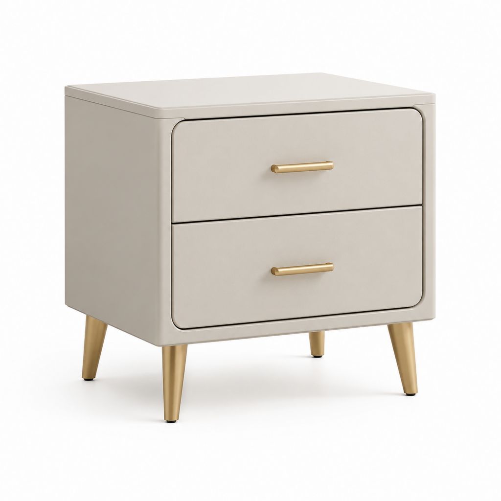 Comodino 2 cassetti beige in MDF laccato con gambe dorate 50 x 40 x 55 cm