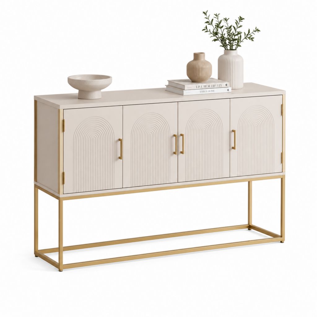Credenza da sala da pranzo beige e oro in MDF e acciaio rettangolare con 4 ante 140 x 40 x 90 cm
