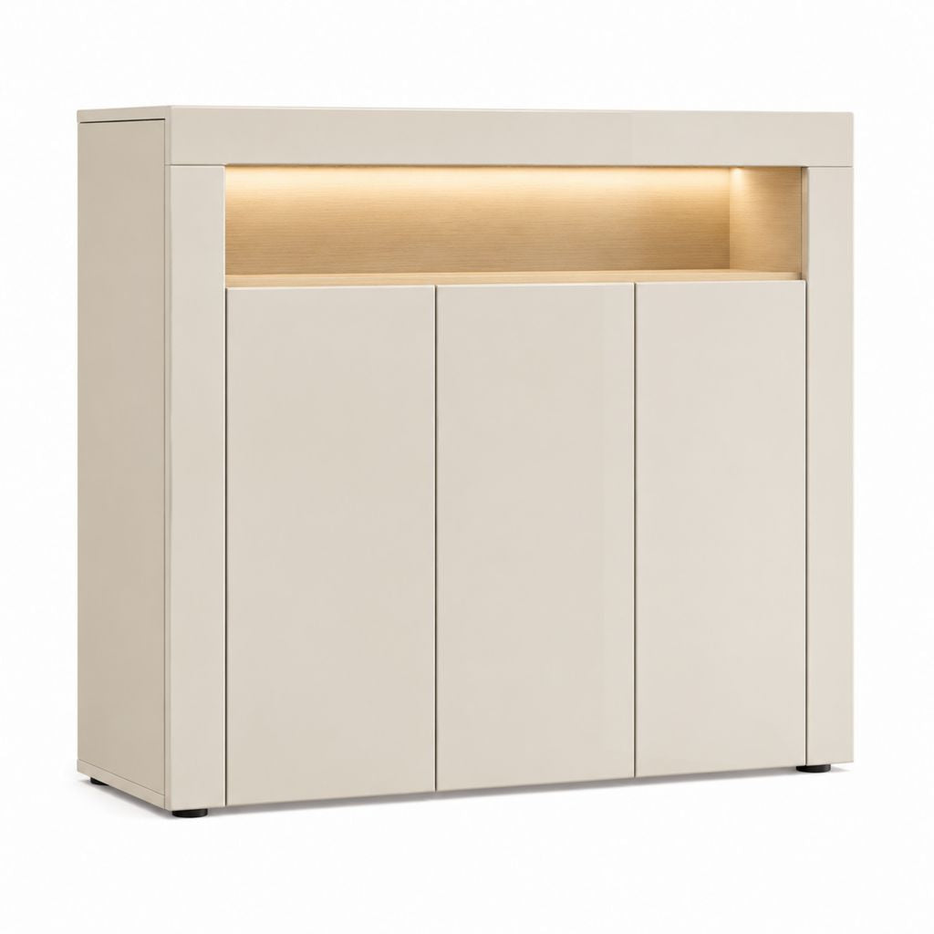 Credenza da sala da pranzo beige in MDF laccato con 3 ante e vano LED 120 x 40 x 100 cm