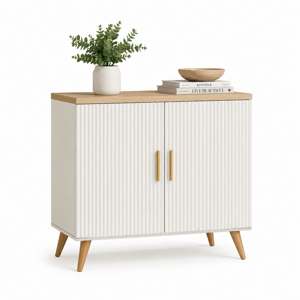 Credenza da sala da pranzo bianca e rovere 2 ante in MDF 90 x 40 x 90 cm
