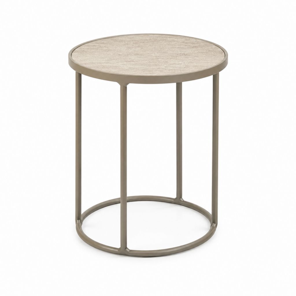 Tavolino laterale rotondo beige in MDF effetto marmo e acciaio Ø40 x 55 cm