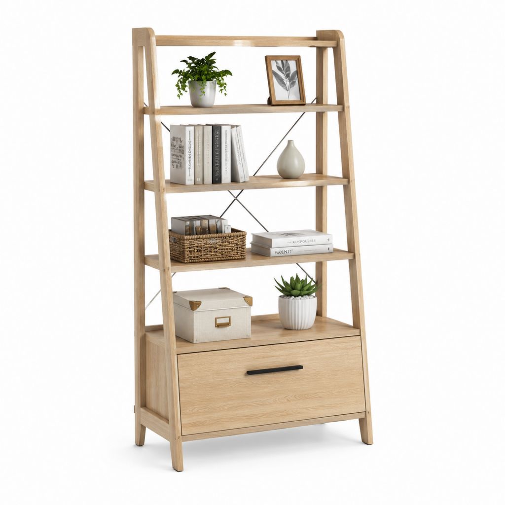 Libreria a scala con cassetto rovere chiaro in MDF e acciaio 80 x 40 x 180 cm